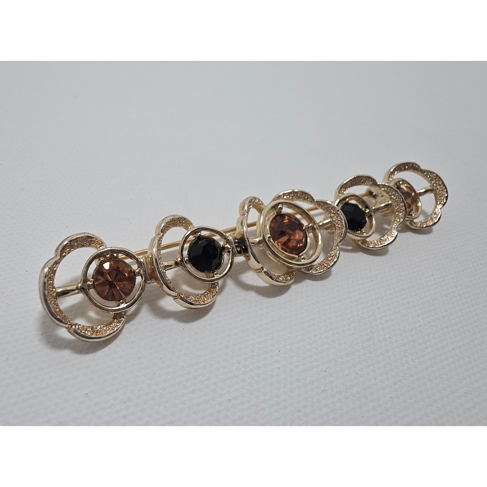 Vintage Sarah Coventry Gold Tone Amber and Jet Rhinestone Bar Brooch Pin